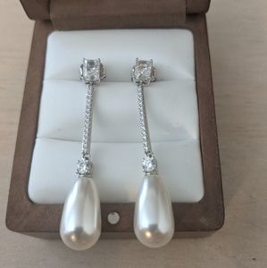 Cubic Zirconia/Freshwater Pearl Drop Earrings